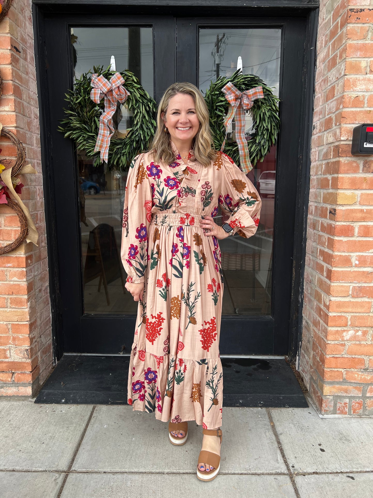 Kindell Tan Floral Midi Dress