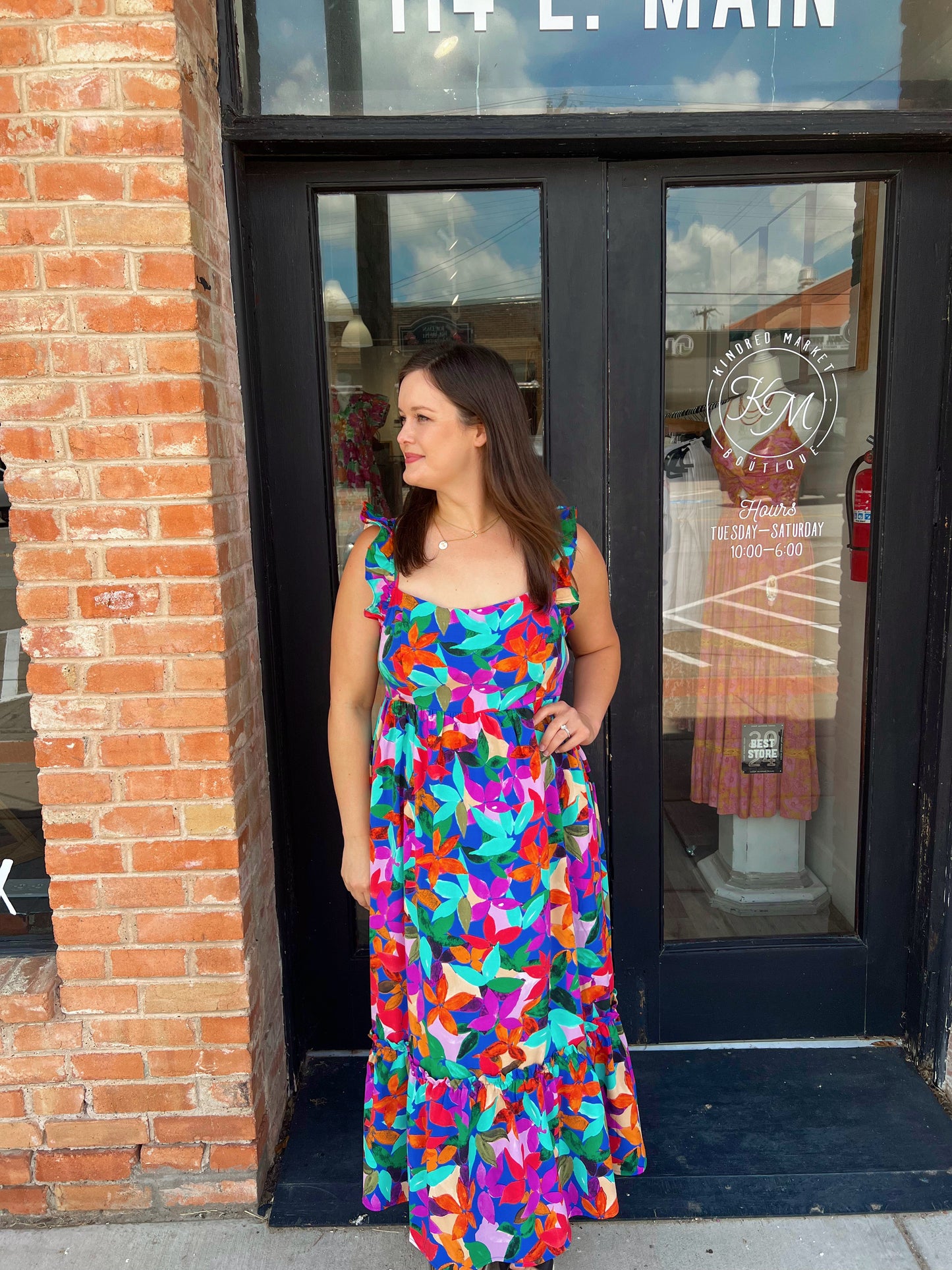 Kathleen Blue Floral Print Square Neck Dress