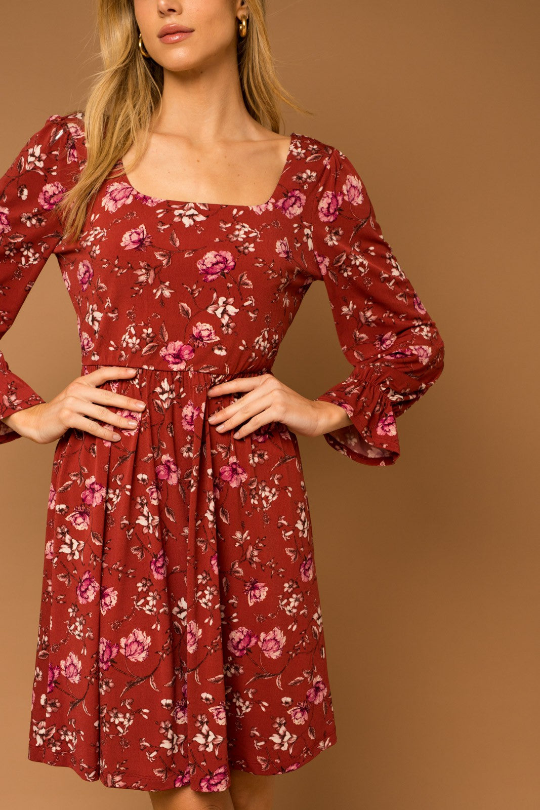 Jenna Burgundy Floral Square Neck Midi Dress