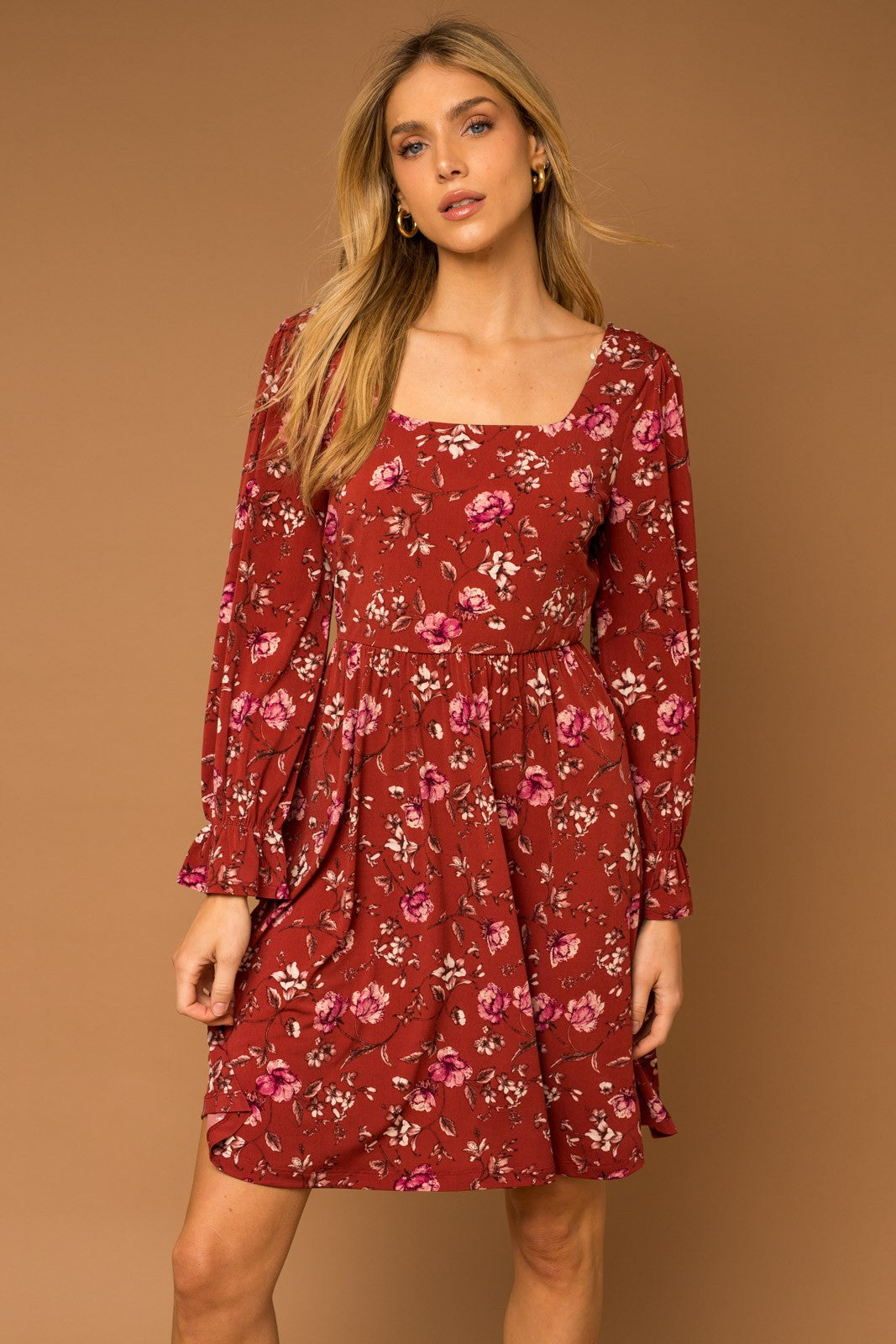 Jenna Burgundy Floral Square Neck Midi Dress