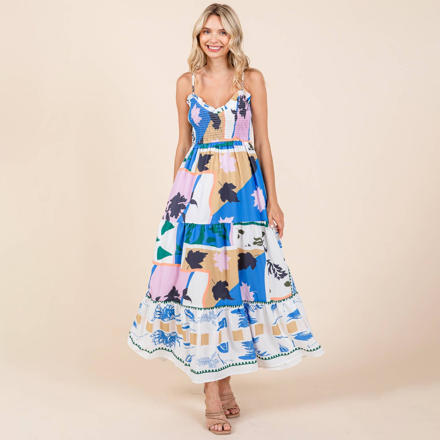 Smocked Graffiti Print Boho Cami Maxi Dress