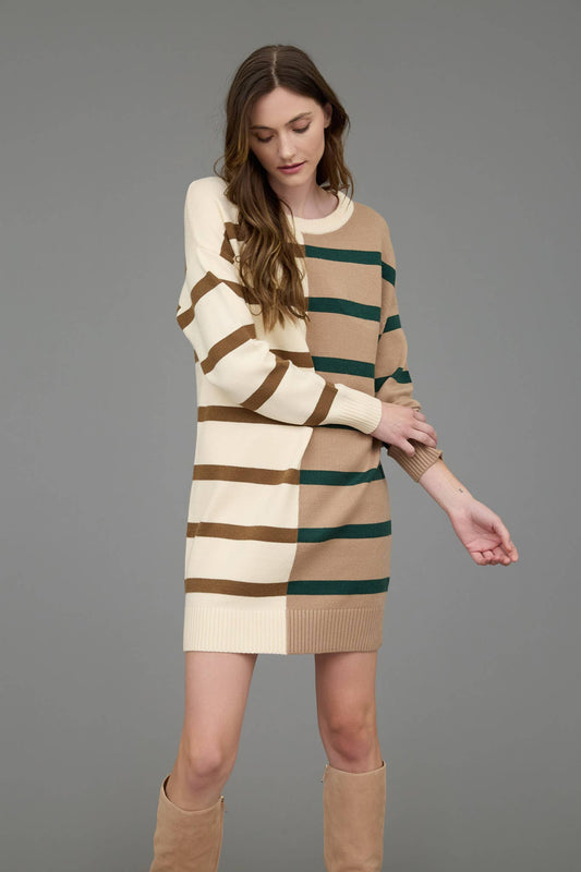 KIM STRIPE COLORBLOCK LONG SLEEVE MINI SWEATER DRESS