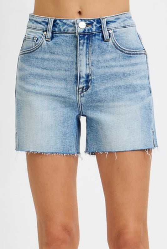 Risen High Waisted Light Wash Denim Shorts