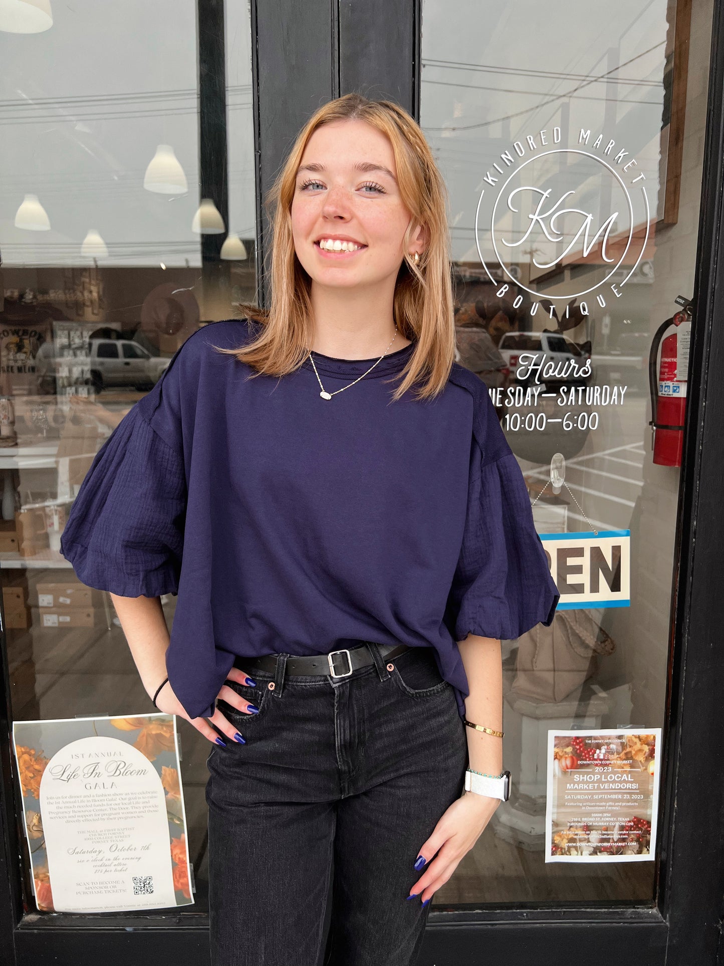 Iris Navy muslin puff sleeve