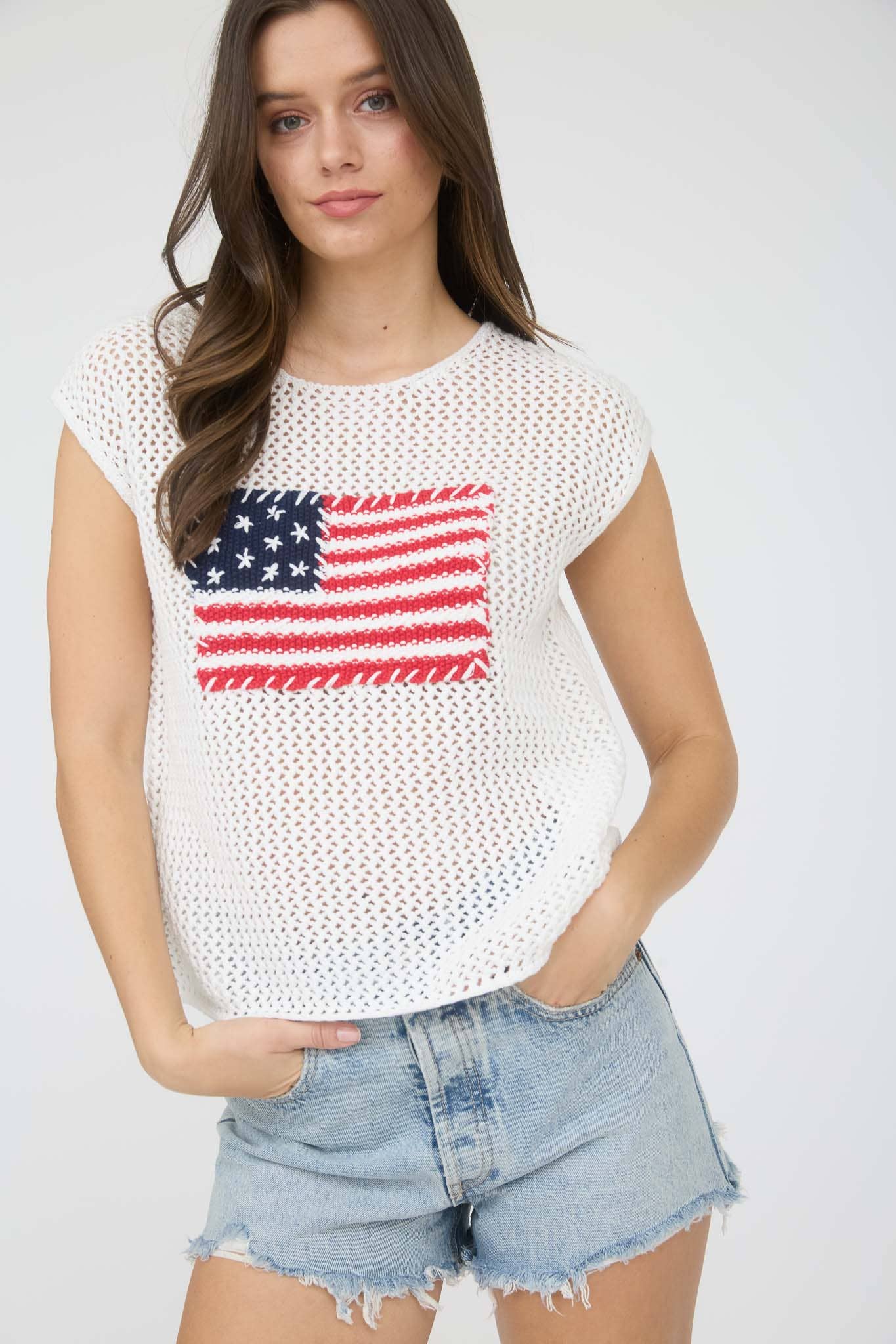 AMERICAN FLAG CROCHET KNIT SWEATER TOP
