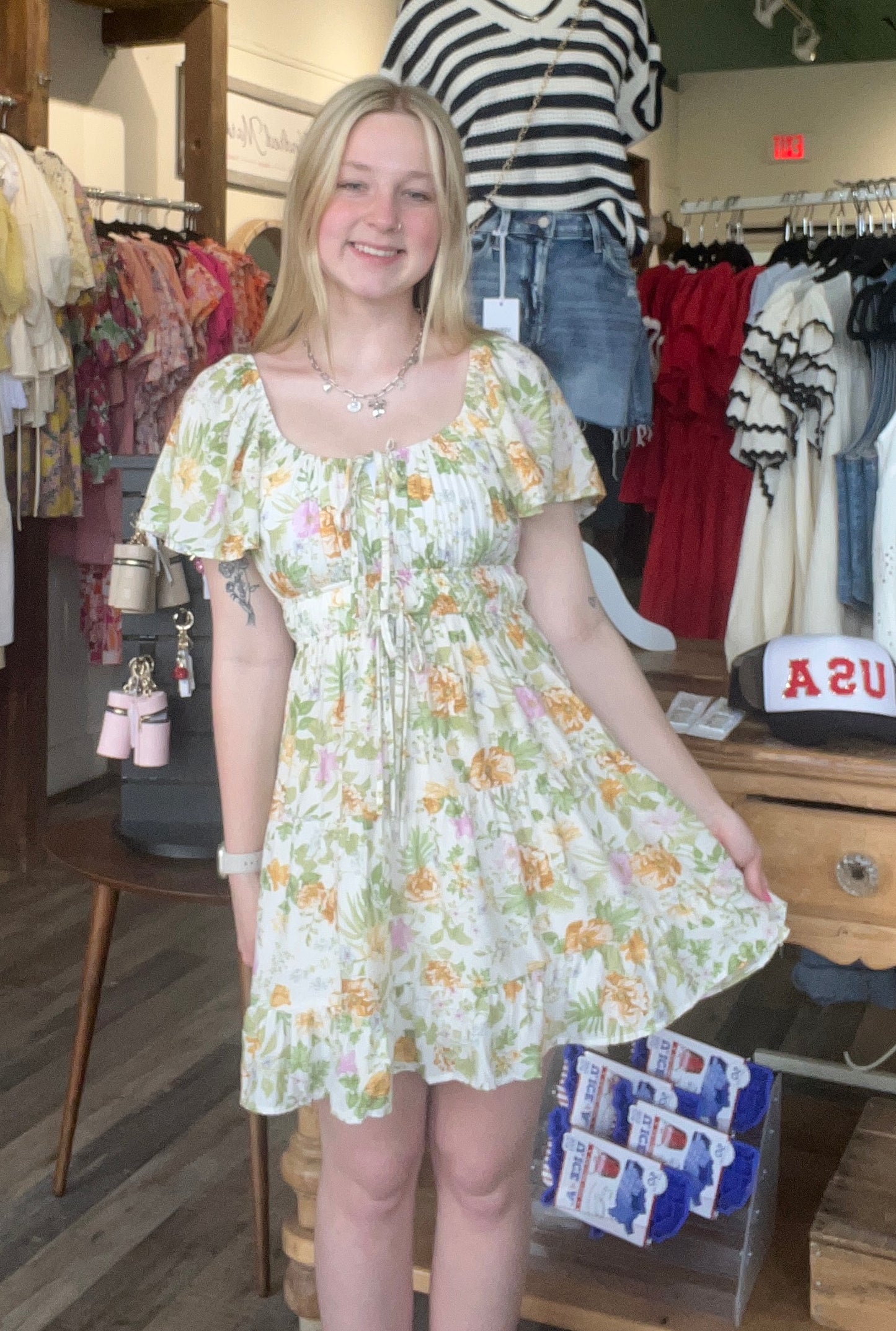 FLORAL FRONT TIE SCOOP NECK TIERED MINI DRESS