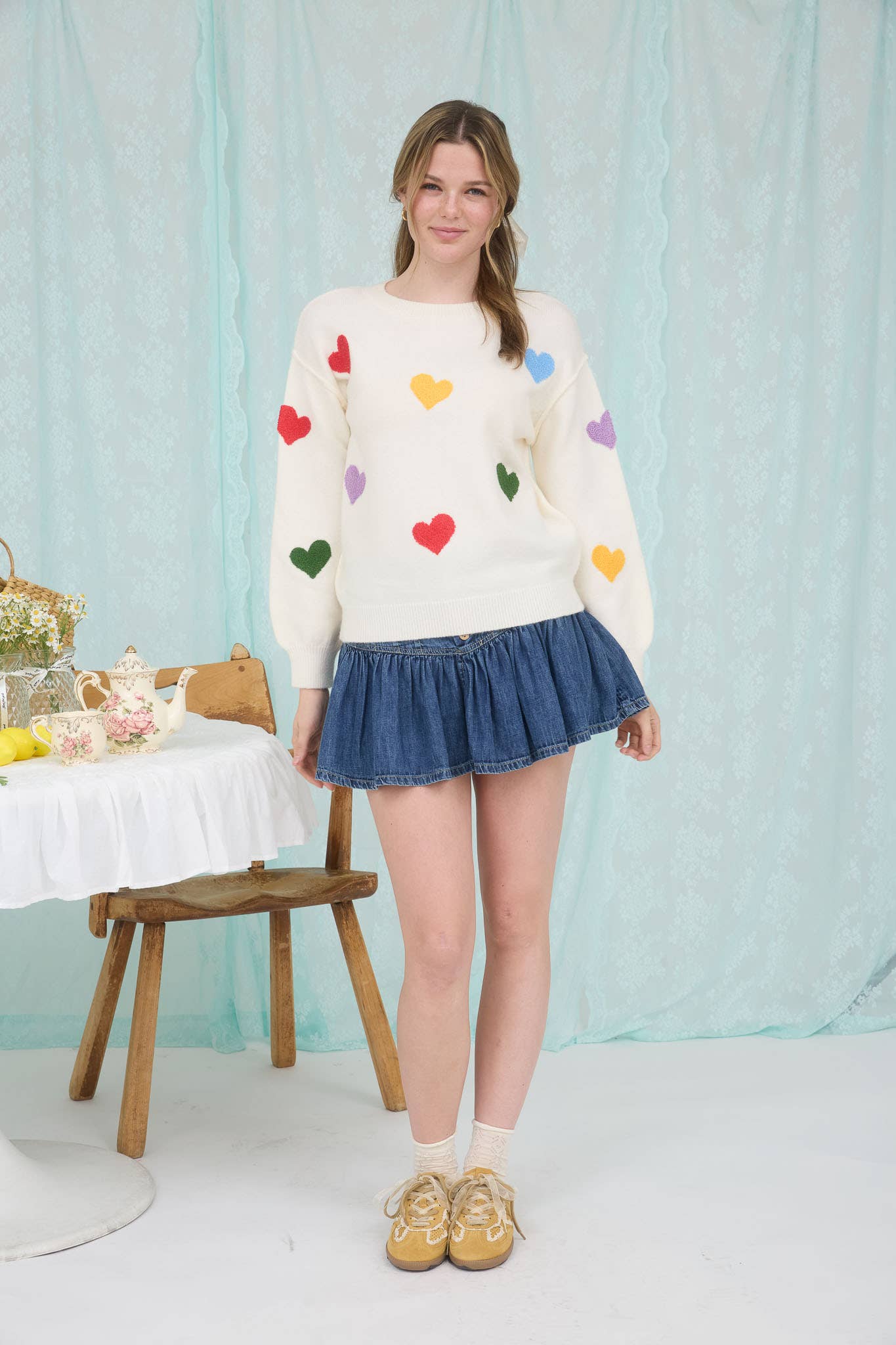 MULTICOLOR HEART CREWNECK KNIT PULLOVER SWEATER