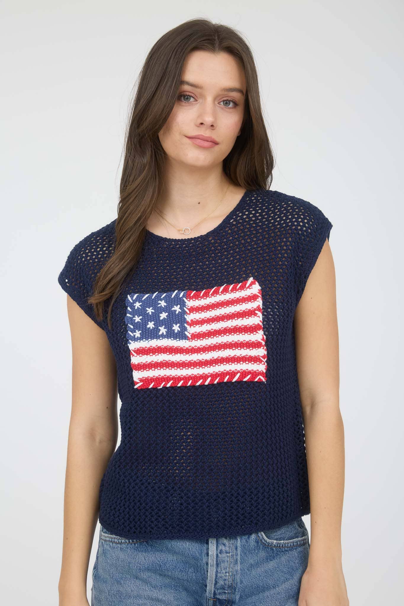 AMERICAN FLAG CROCHET KNIT SWEATER TOP