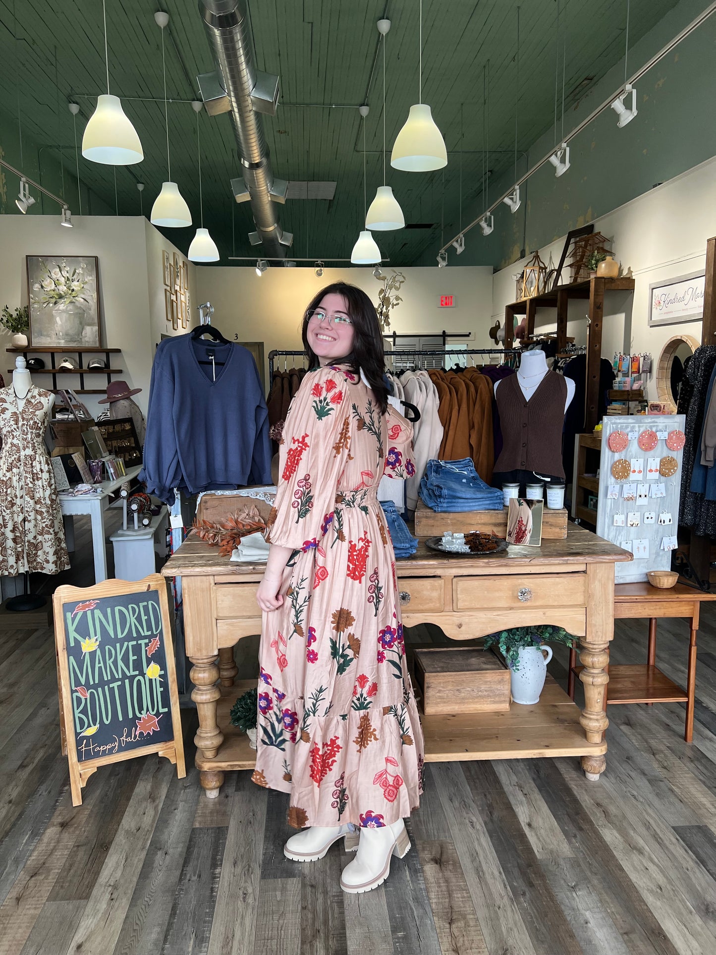 Kindell Tan Floral Midi Dress