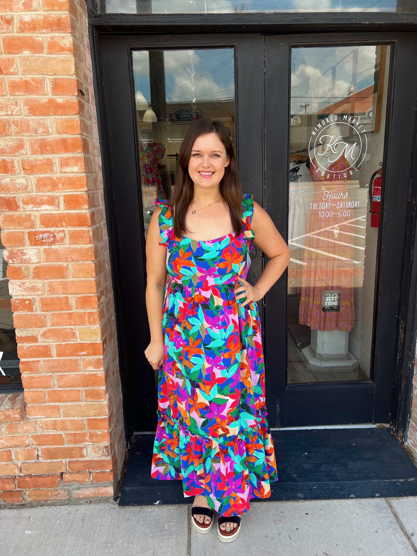 Kathleen Blue Floral Print Square Neck Dress