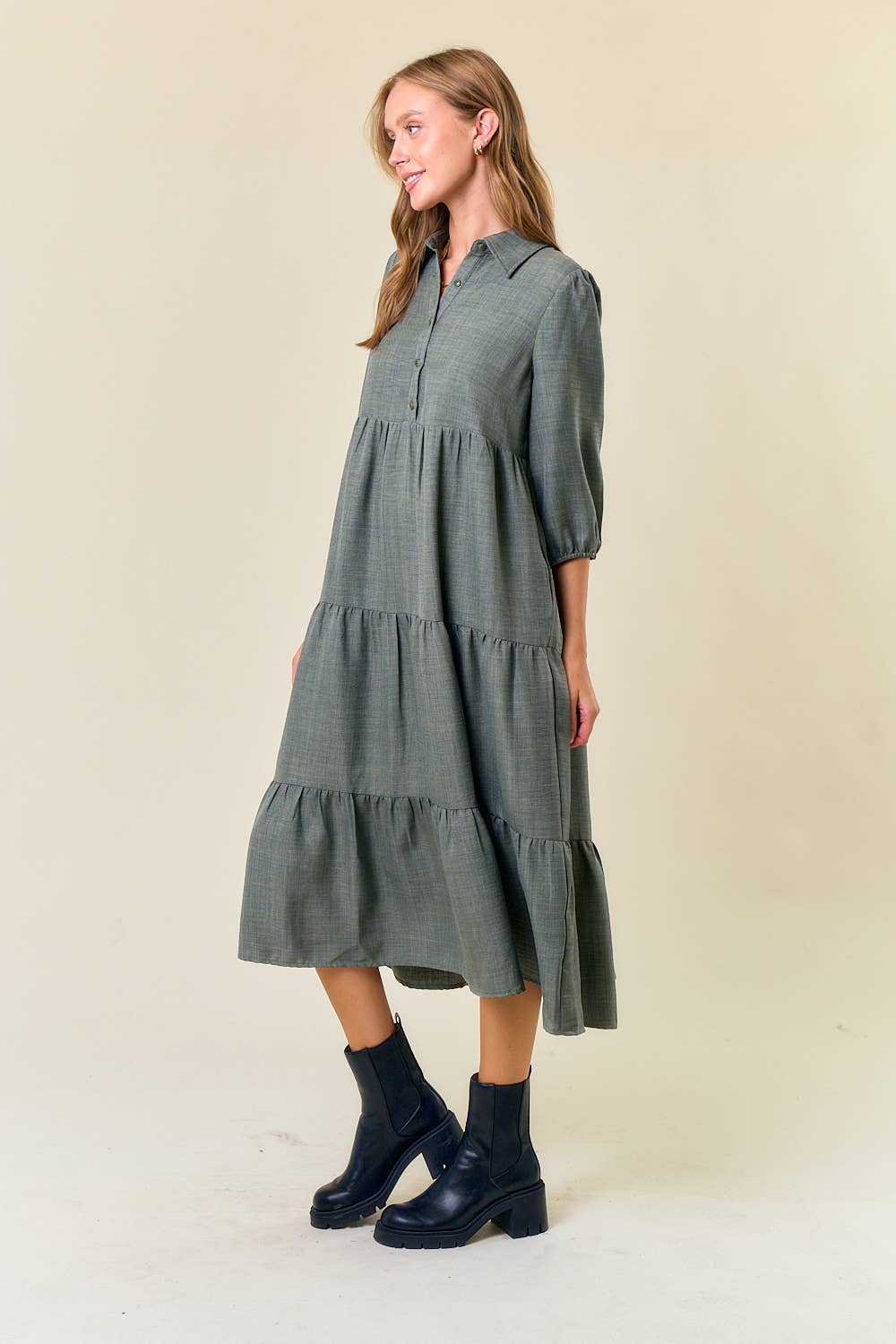 Half Button Down 3/4 Sleeve Tiered Midi Dress