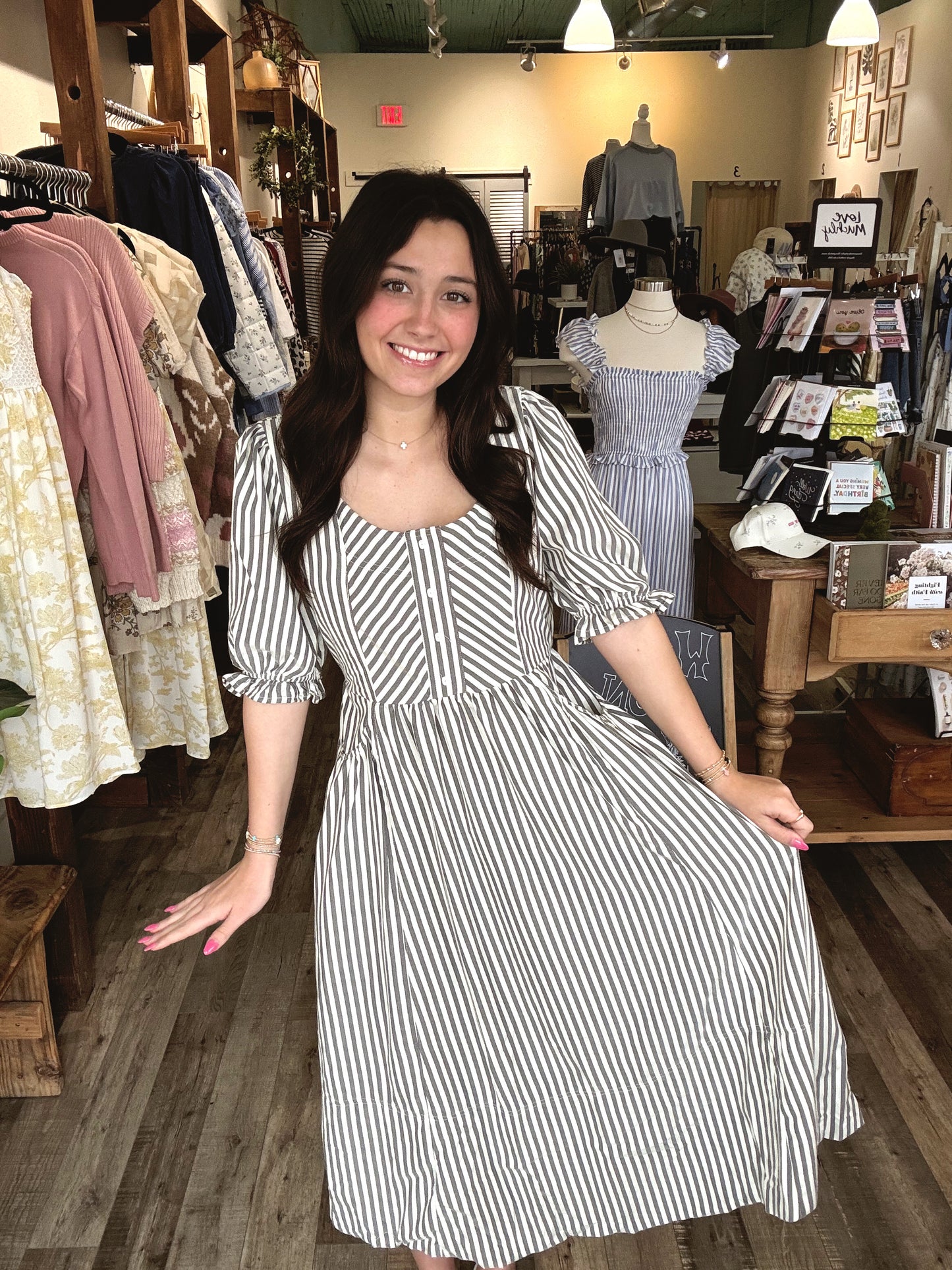 Elise Gray Striped Midi Dress