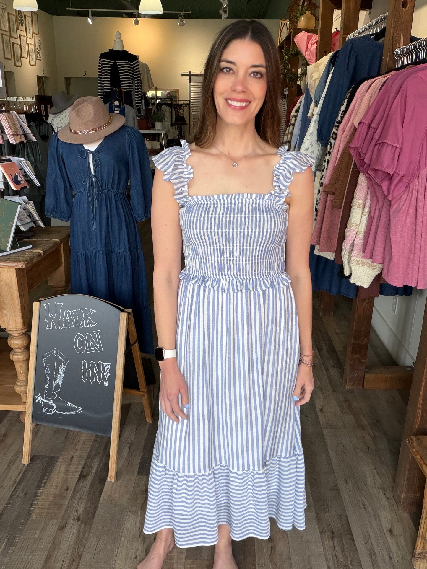 STRIPE SMOCKED RUFFLE TRIM MIDI DRESS