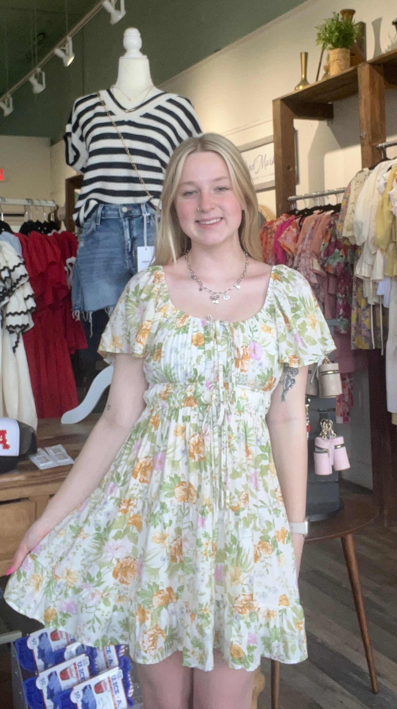 FLORAL FRONT TIE SCOOP NECK TIERED MINI DRESS