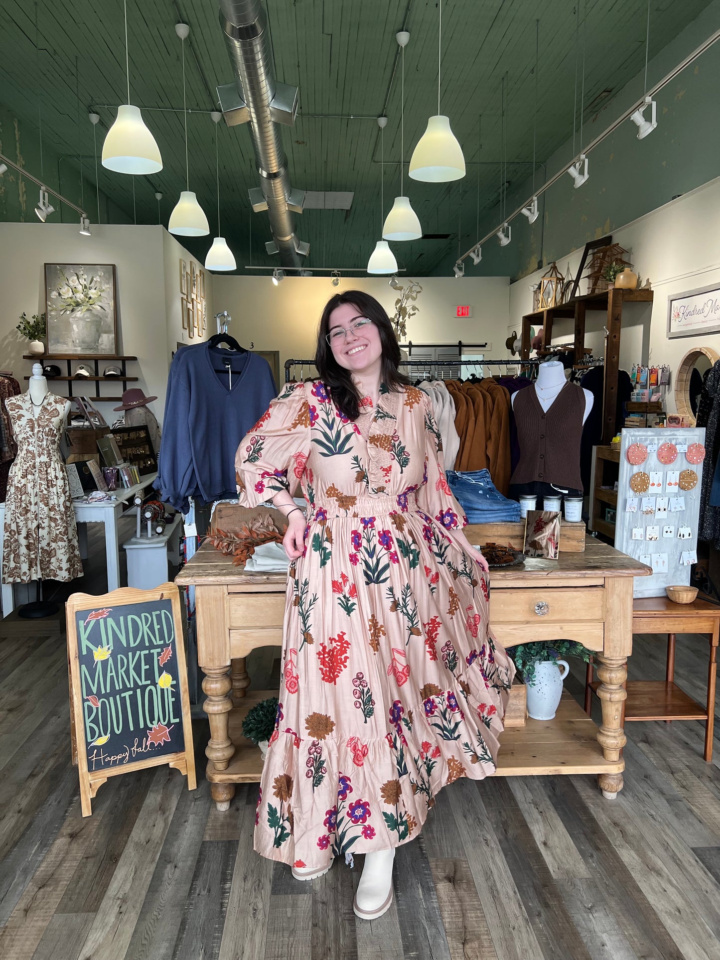 Kindell Tan Floral Midi Dress