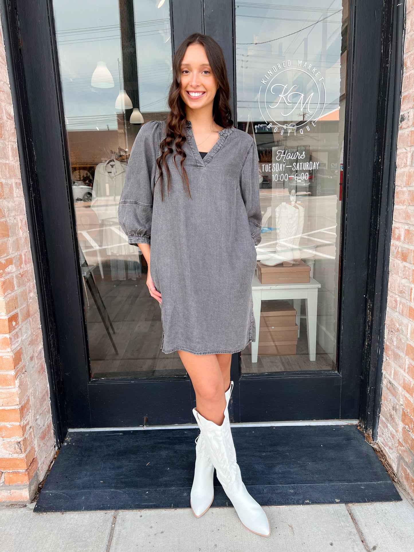 emily black denim dress