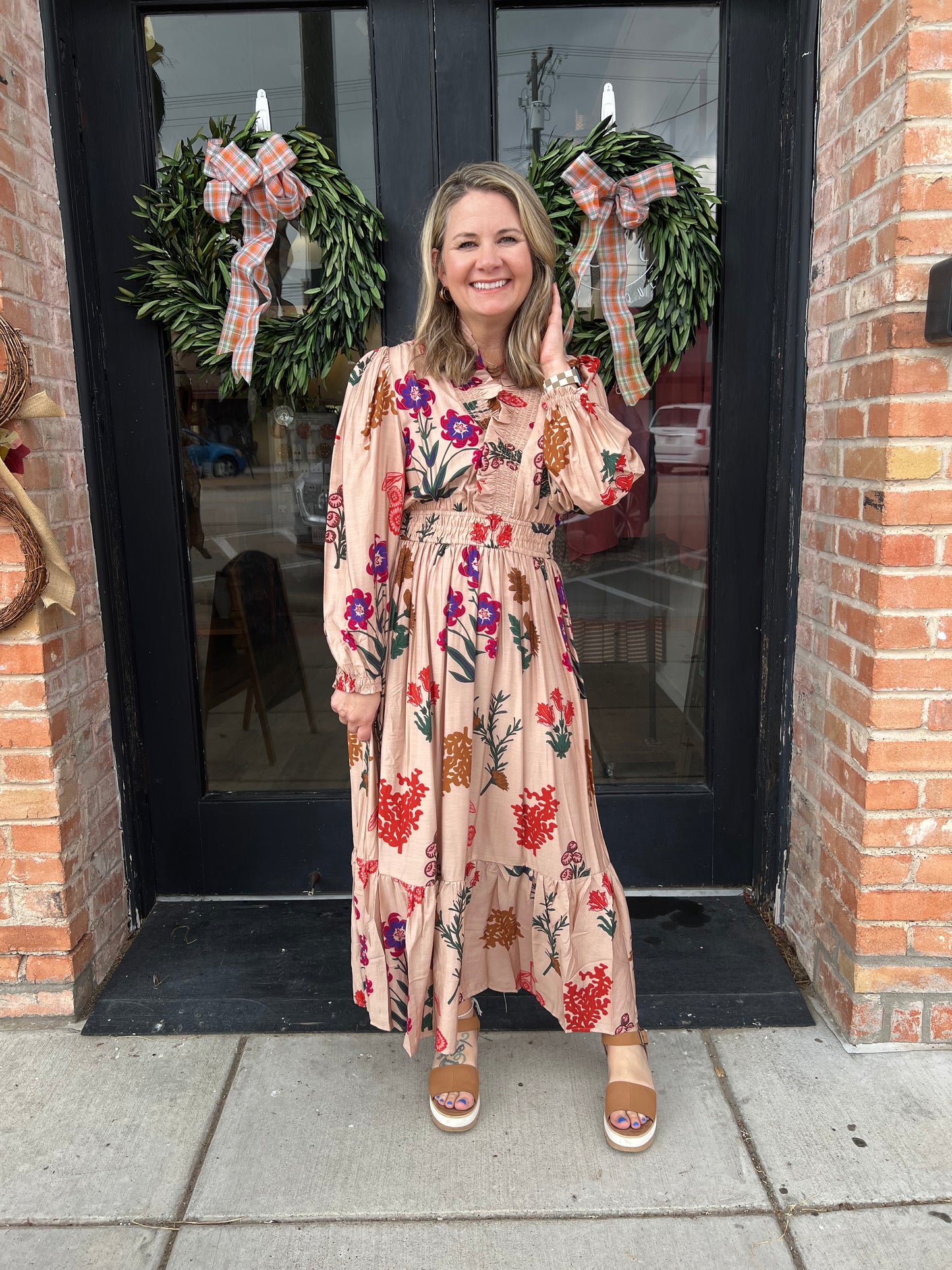 Kindell Tan Floral Midi Dress