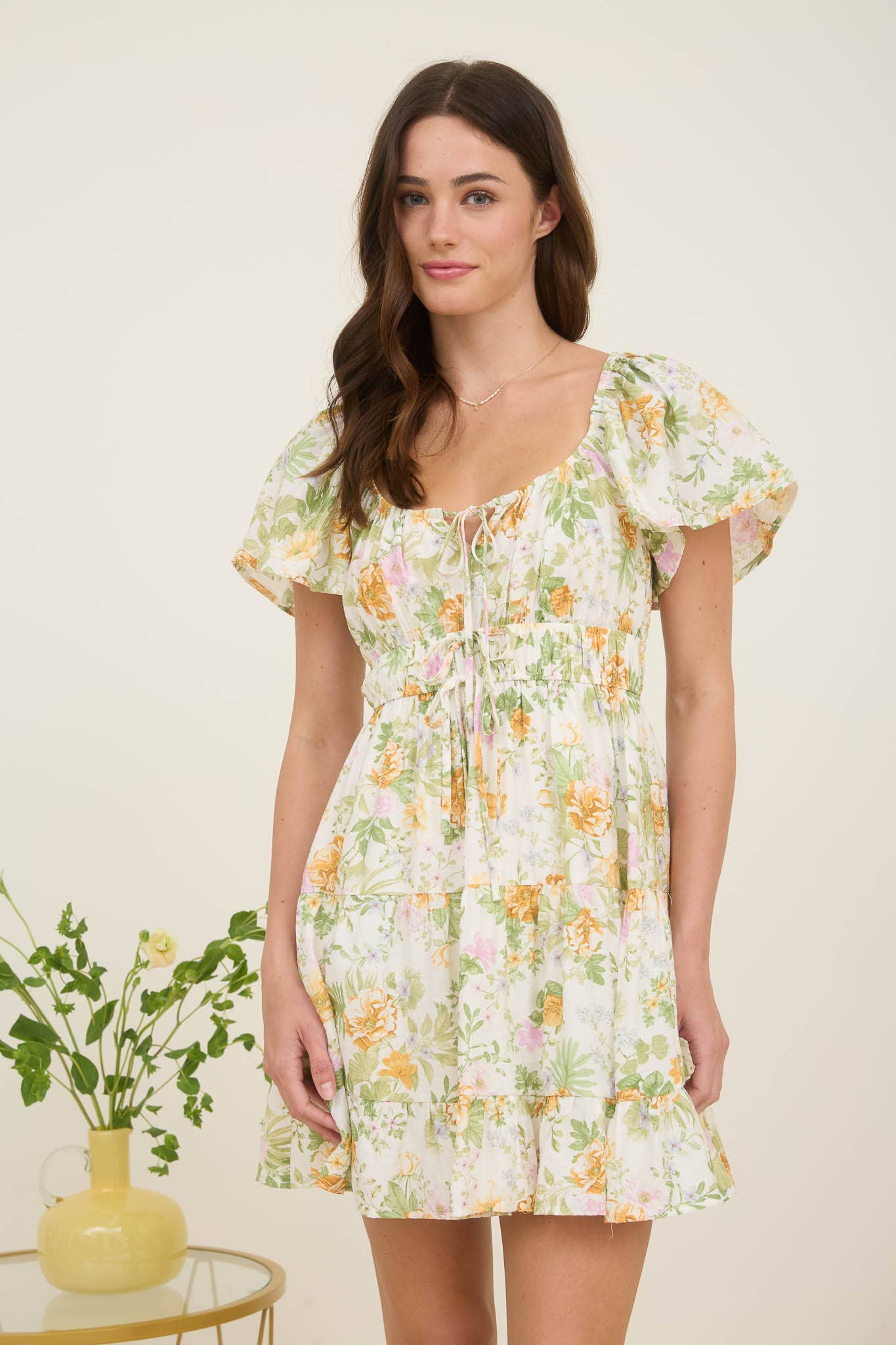 FLORAL FRONT TIE SCOOP NECK TIERED MINI DRESS
