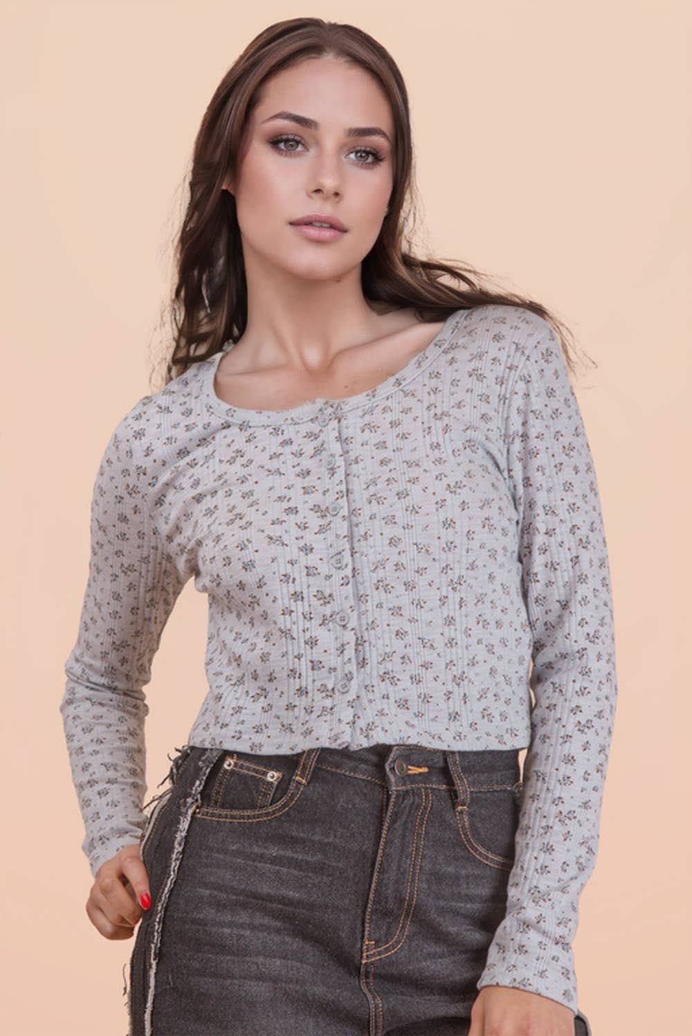 -Printed Button Down Knit Cardigan Top