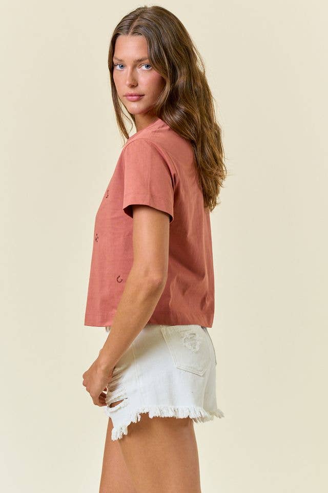 SHORT SLEEVE COWGIRL EMBROIDERED CROP TOP