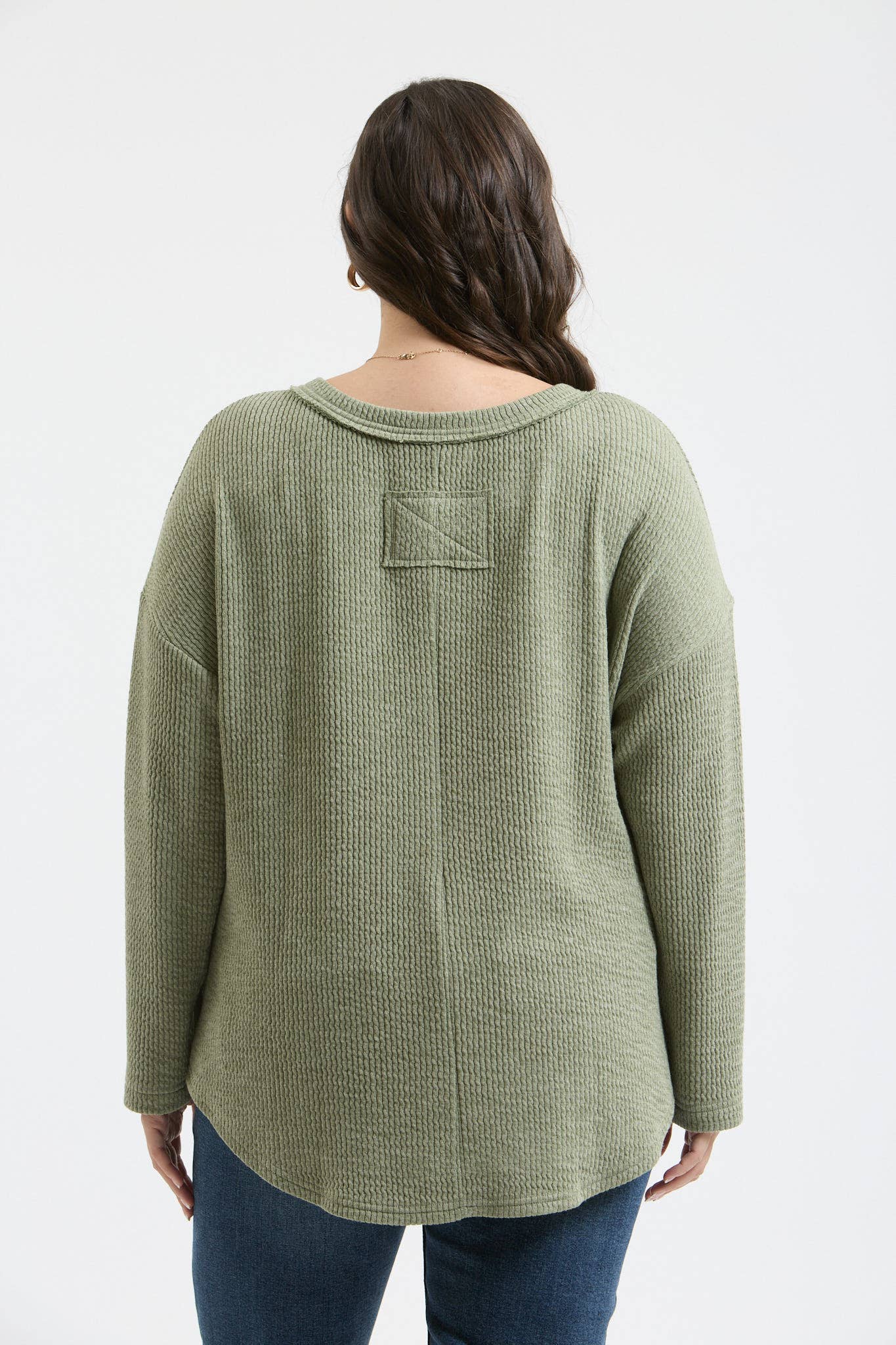 PLUS WAFFLE KNIT HENLEY LONG SLEEVE KNIT TOP