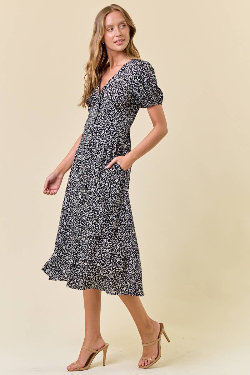 DITSY FLORAL PRINT V-NECK PUFF SHORT SLEEVE DRESS