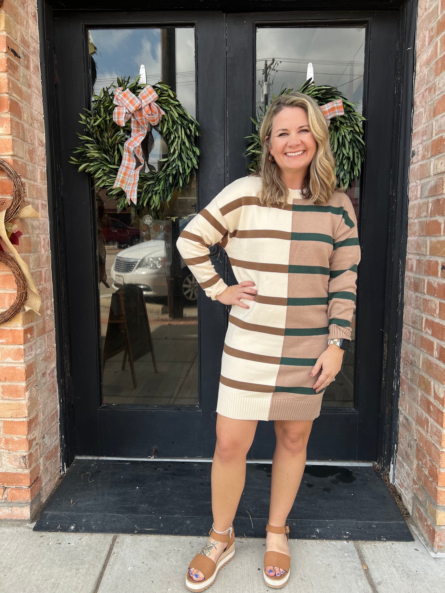 KIM STRIPE COLORBLOCK LONG SLEEVE MINI SWEATER DRESS