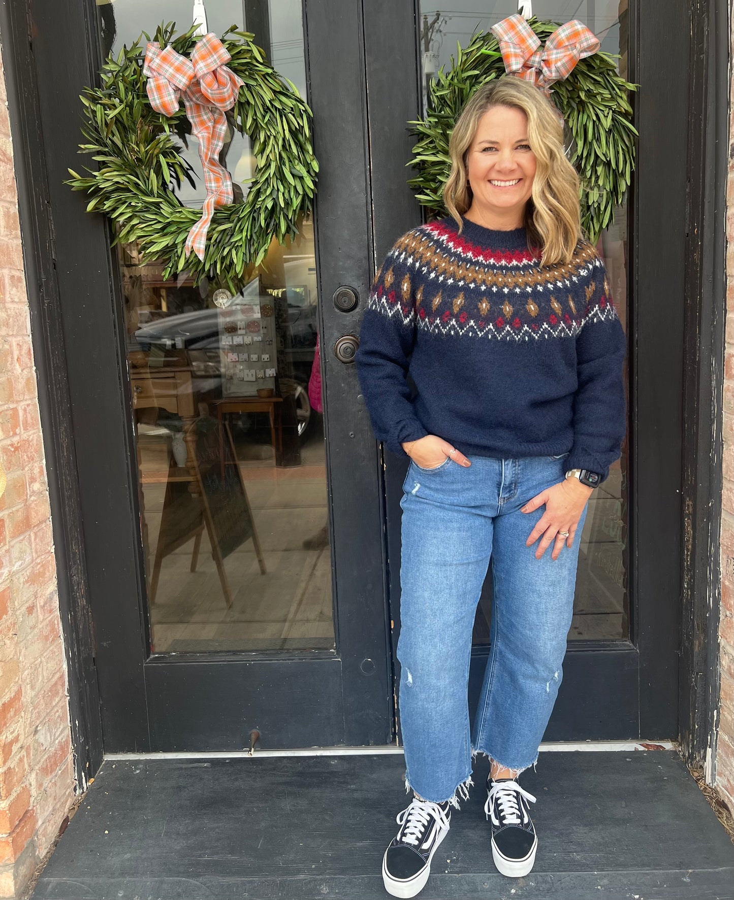 KATE FUZZY FAIR ISLE CREW NECK KNIT PULLOVER SWEATER