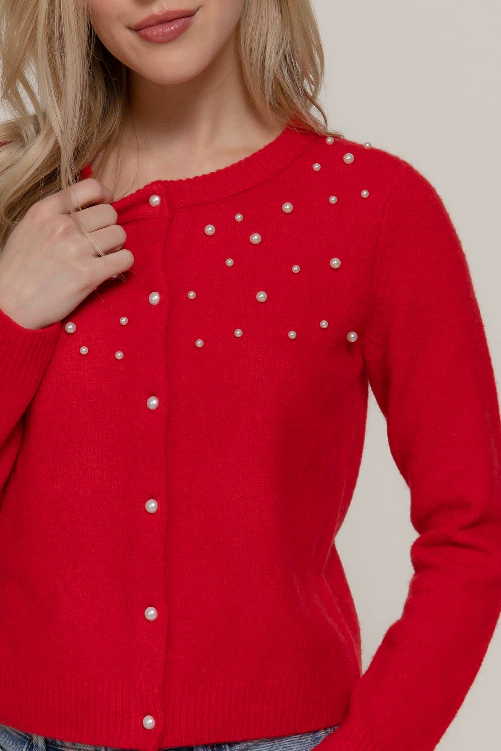 Long Sleeve Round Neck Pearl Embellished Sweater Cardigan