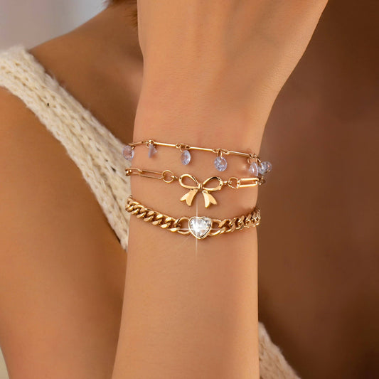 Bow & Crystal Heart Charm Layered Bracelet Set | 80B1628
