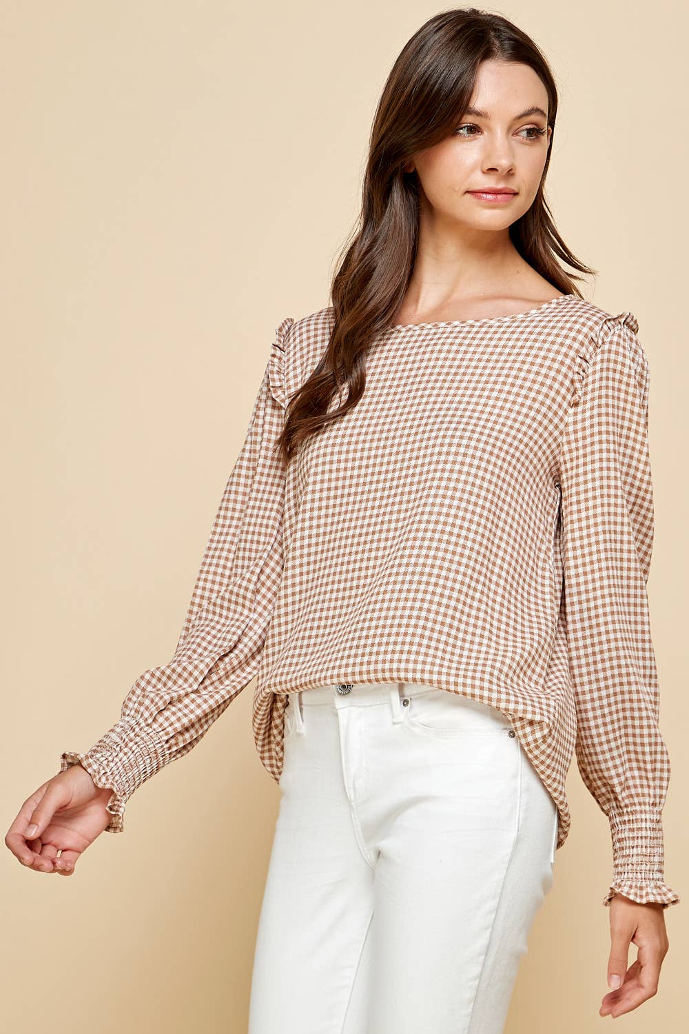 Plaid Top With Smocked Sleeves Detail and Ruffled Shoulder