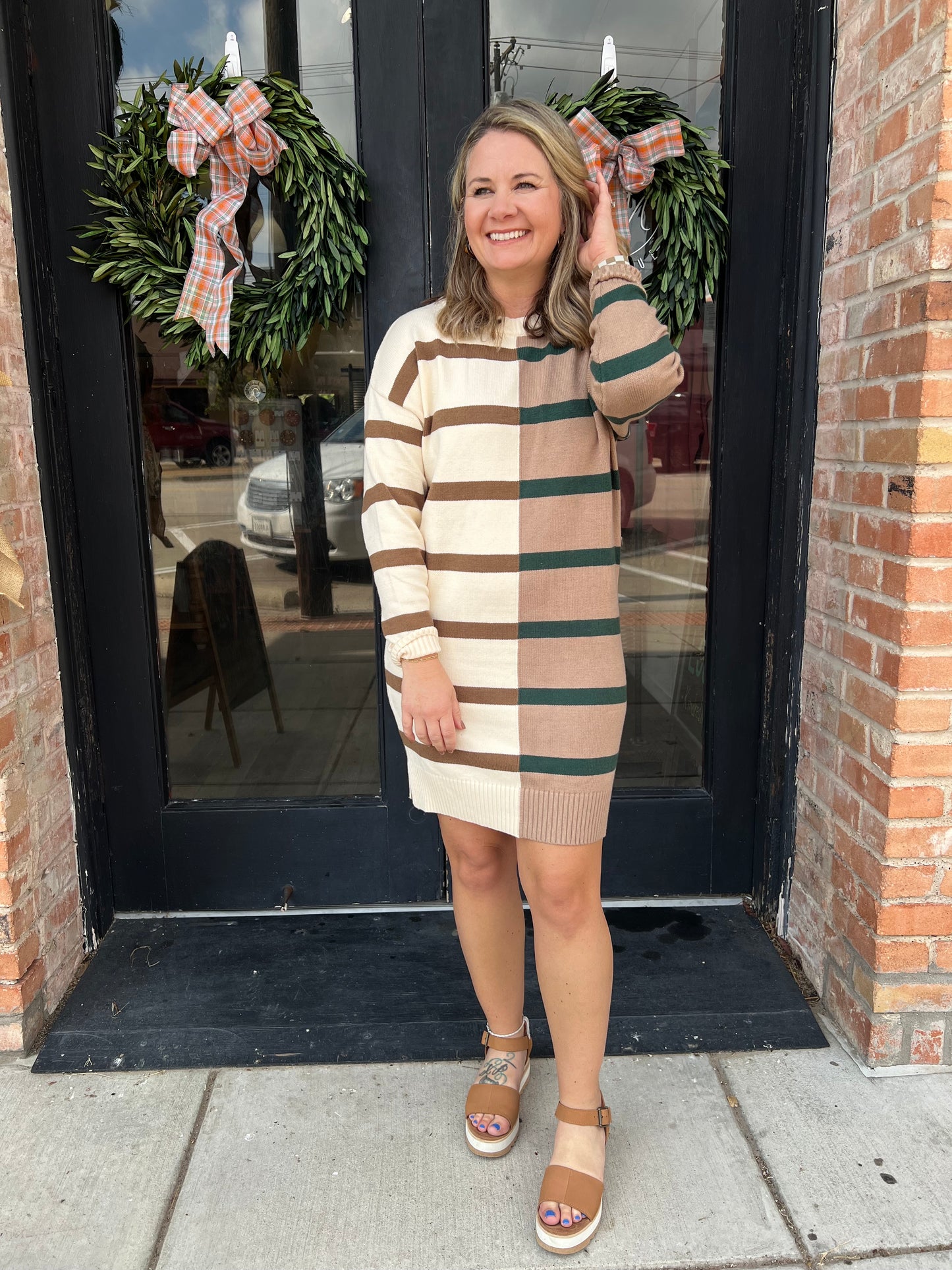 KIM STRIPE COLORBLOCK LONG SLEEVE MINI SWEATER DRESS