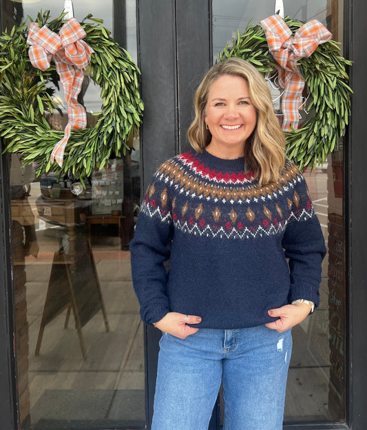 KATE FUZZY FAIR ISLE CREW NECK KNIT PULLOVER SWEATER