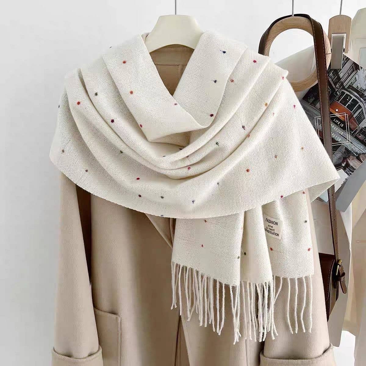 Multicolored polka dot scarf with long fringe