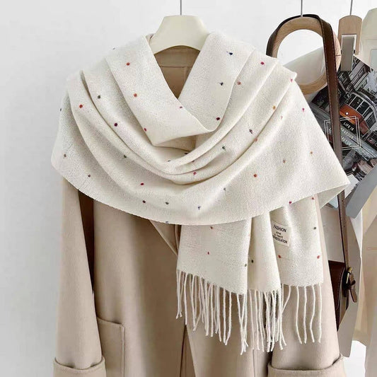 Multicolored polka dot scarf with long fringe