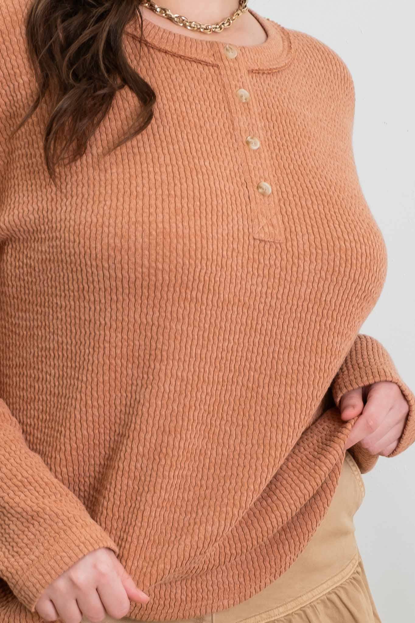 PLUS WAFFLE KNIT HENLEY LONG SLEEVE KNIT TOP