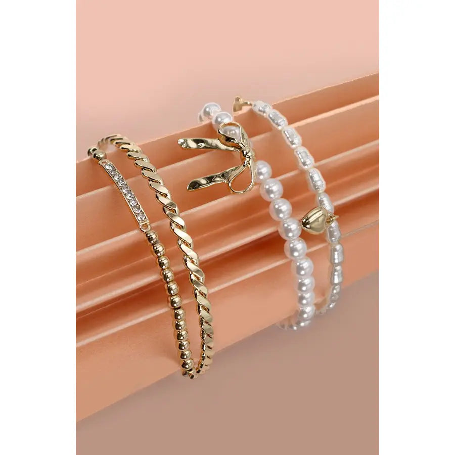 Bow Pearl Rhinestone Bar Stretch Bangle Set