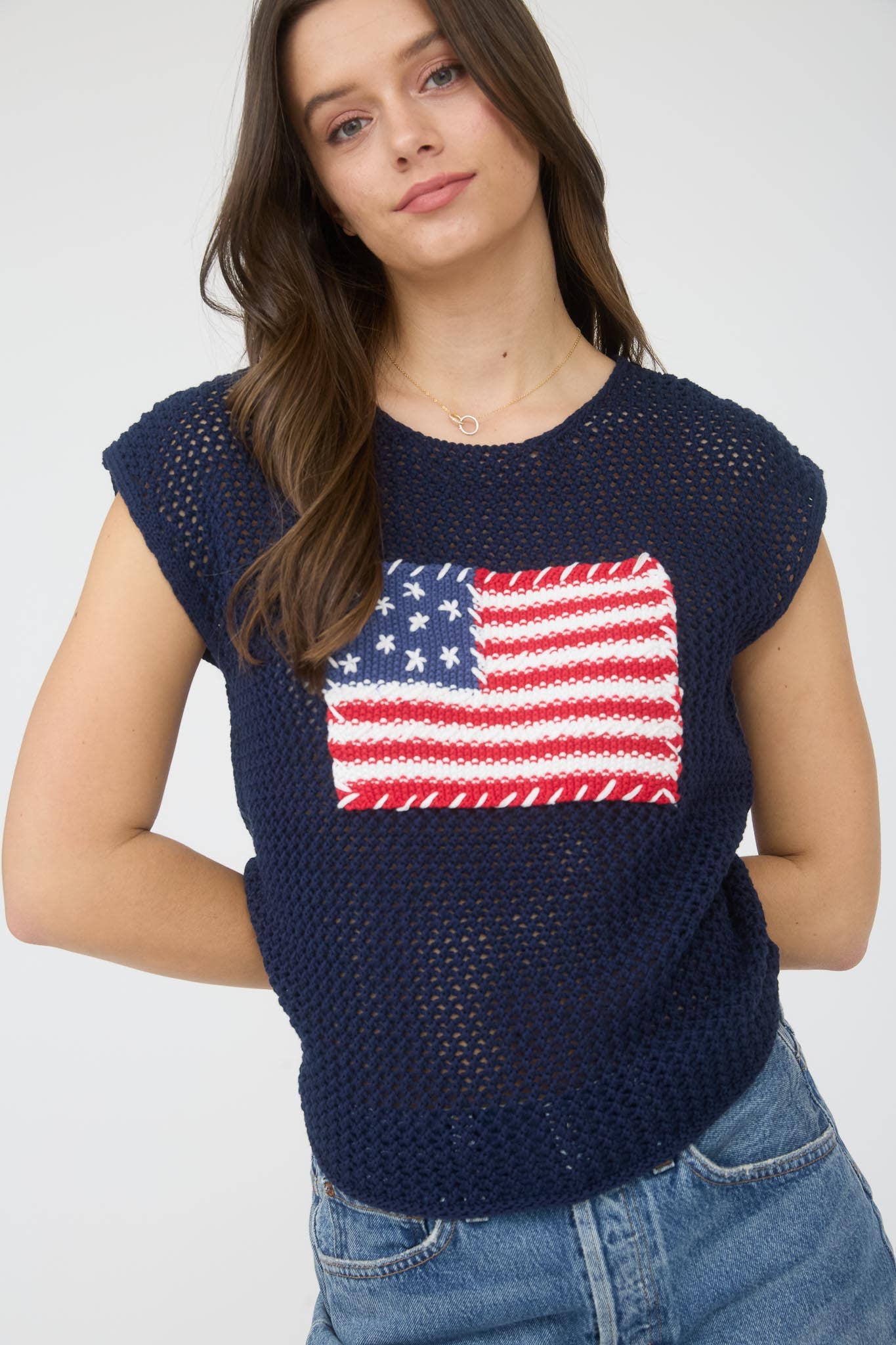AMERICAN FLAG CROCHET KNIT SWEATER TOP