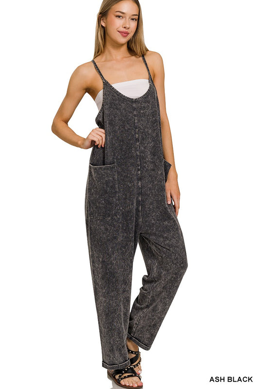 Reign Ash Black Washed Spaghetti Strap Overalls