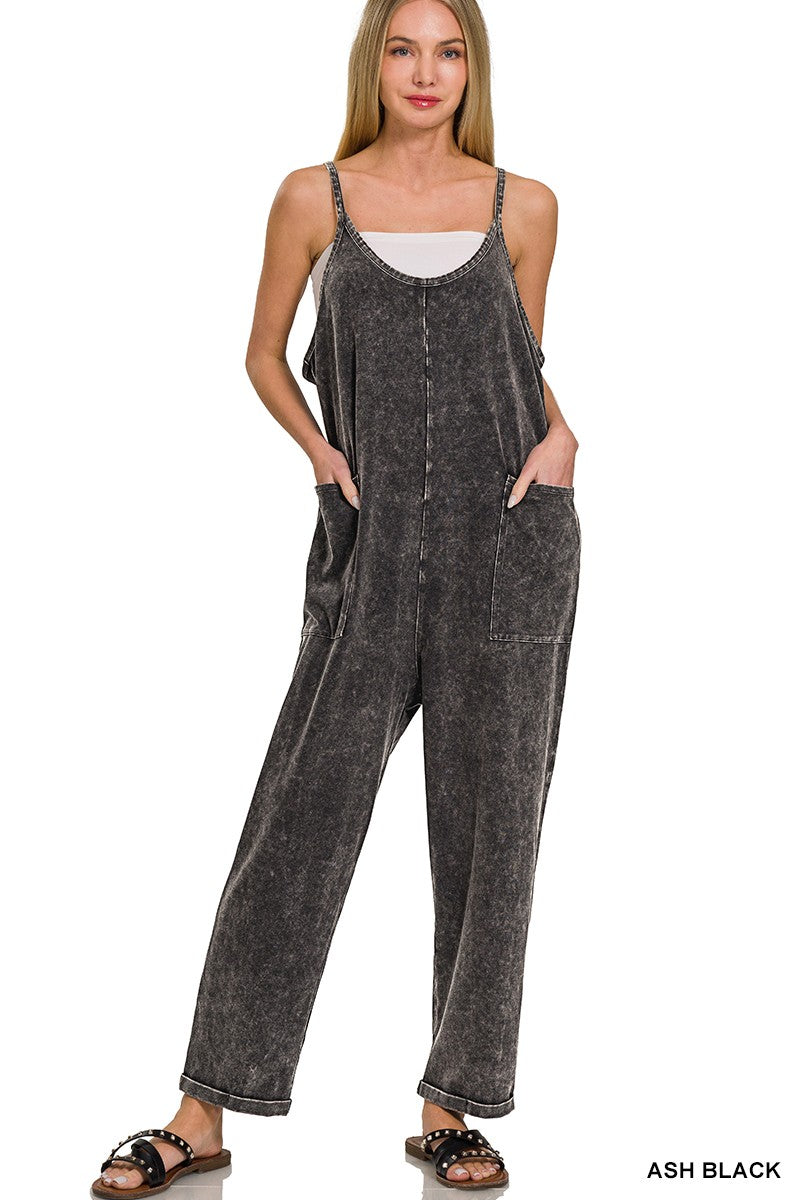 Reign Ash Black Washed Spaghetti Strap Overalls