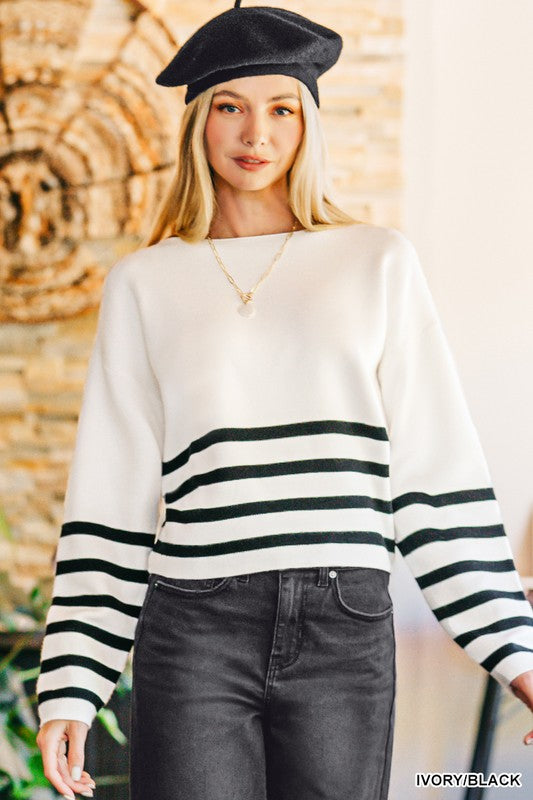 Nora Ivory/Black Striped Cropped Sweater