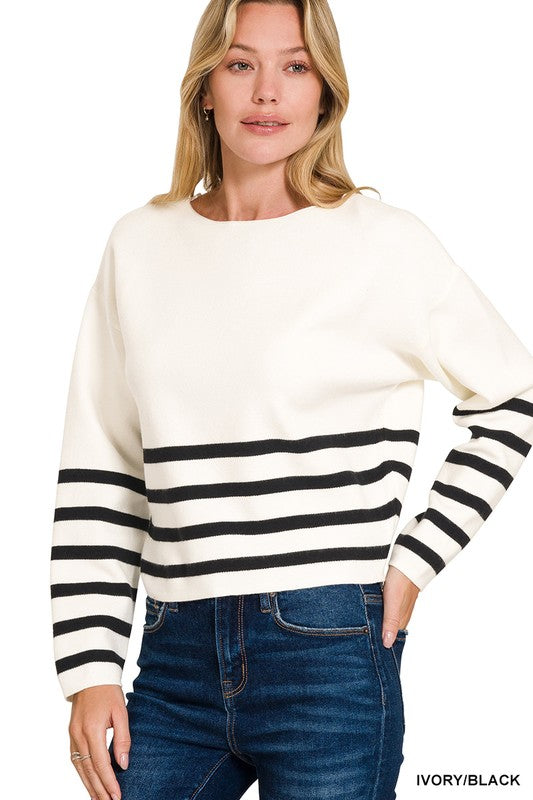 Nora Ivory/Black Striped Cropped Sweater