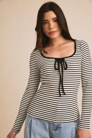 Kelsey Front Tie Long Sleeve Stripe Top