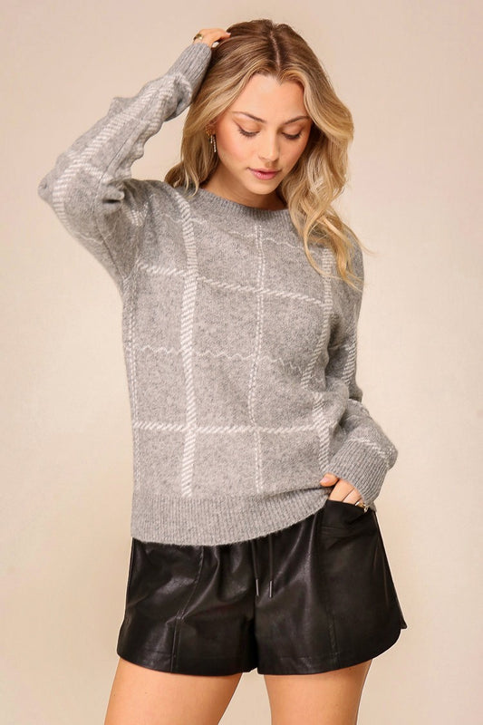 Elena Grey Plaid Crew Neck Sweater