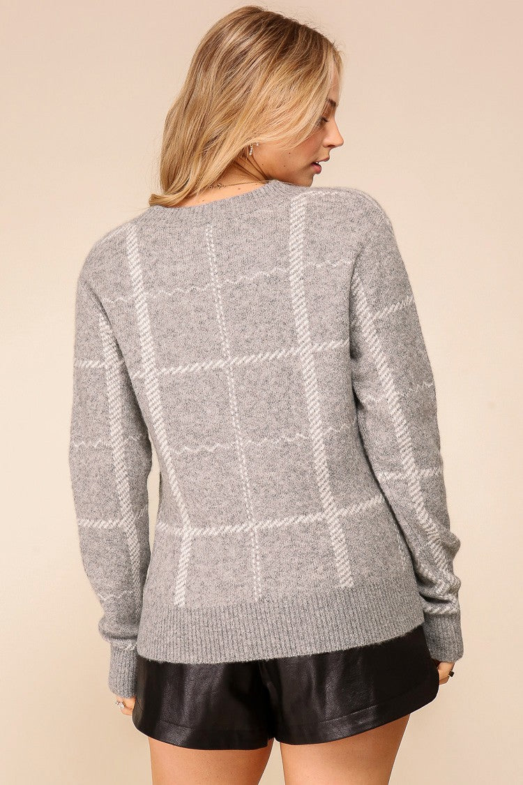 Elena Grey Plaid Crew Neck Sweater