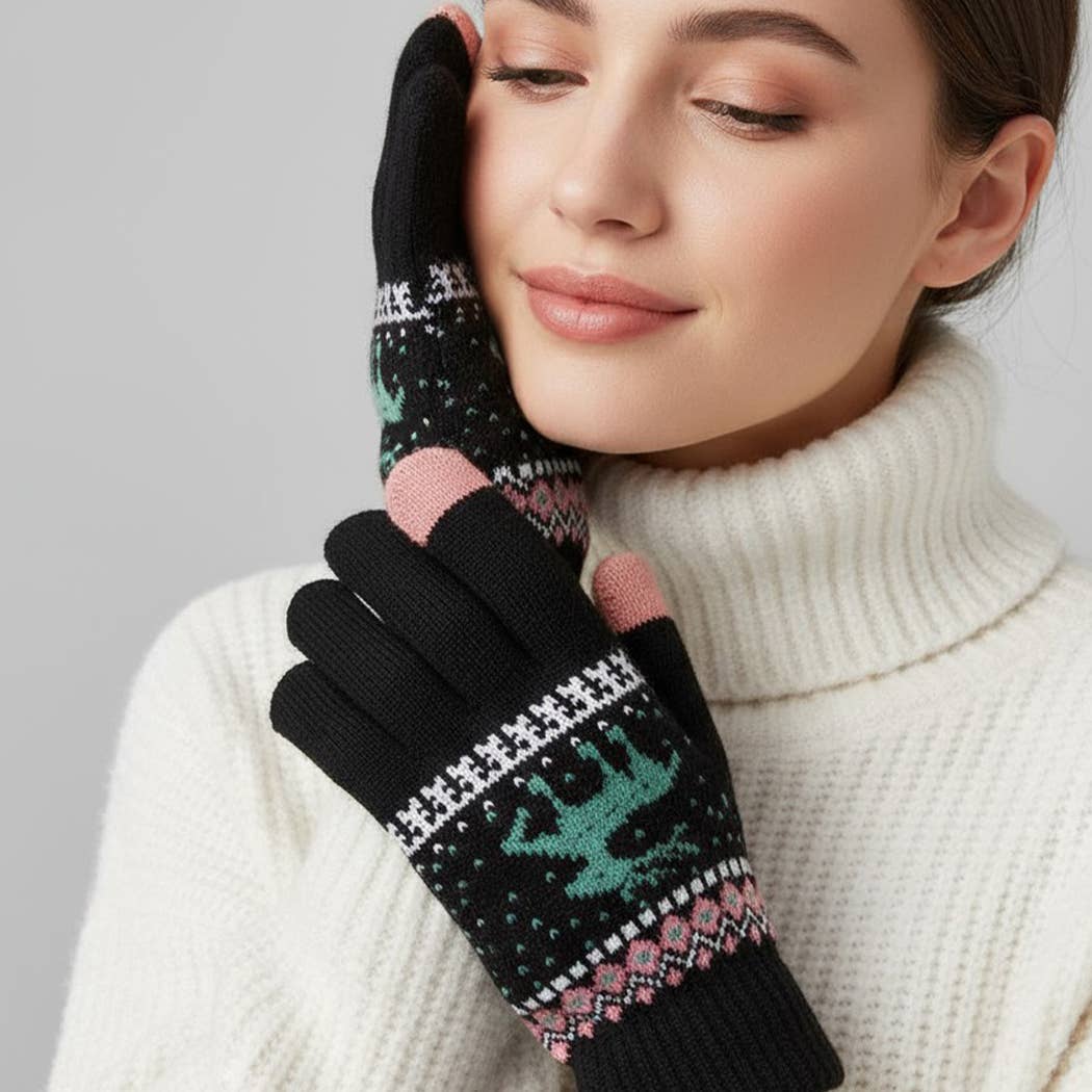 Winter Knit Gloves with Reindeer Pattern-Fair Isle Design