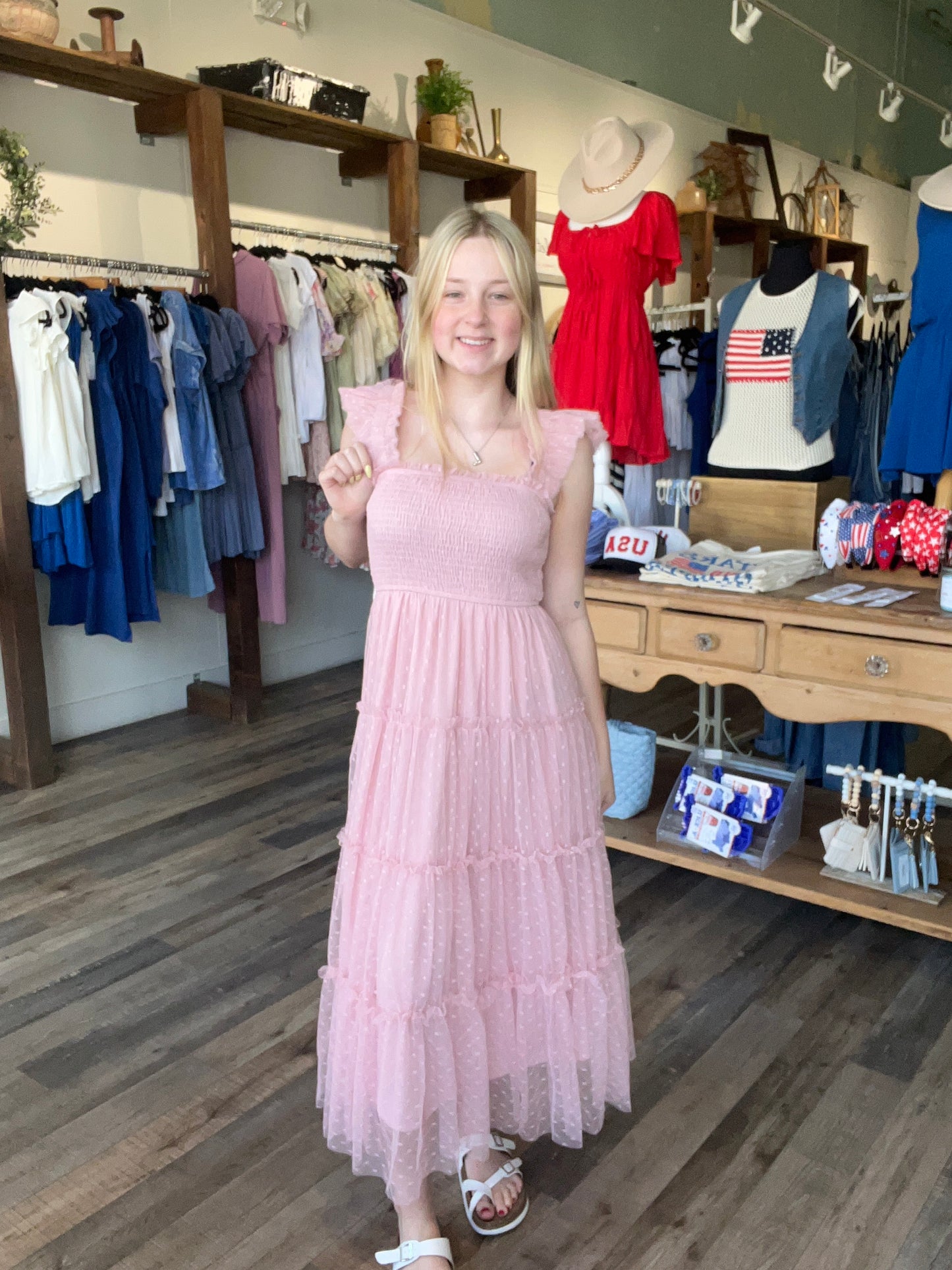 Tori PInk Polka Dot Chiffon Midi Dress