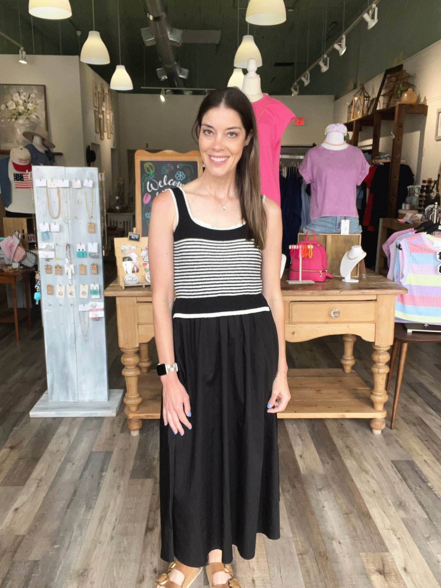 STRIPE SWEATER TANK WOVEN SKIRT MIDI DRESS