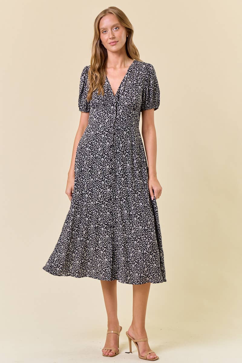 DITSY FLORAL PRINT V-NECK PUFF SHORT SLEEVE DRESS