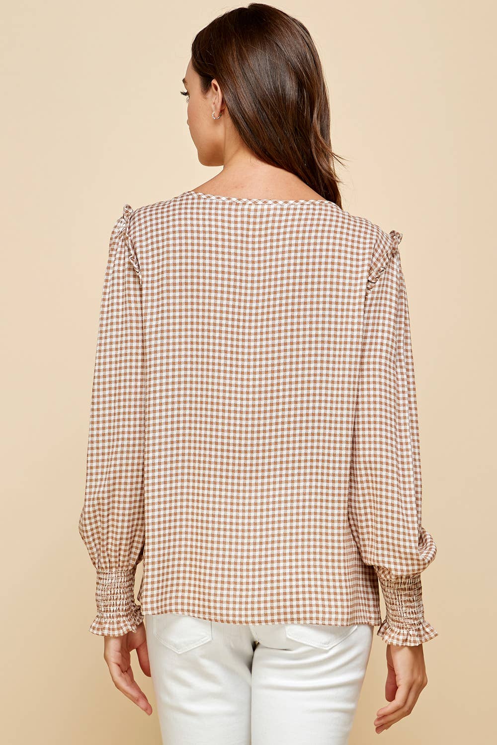 Plaid Top With Smocked Sleeves Detail and Ruffled Shoulder